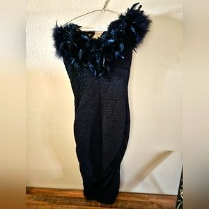 Homemade off one shoulder black fitted dress with feathers